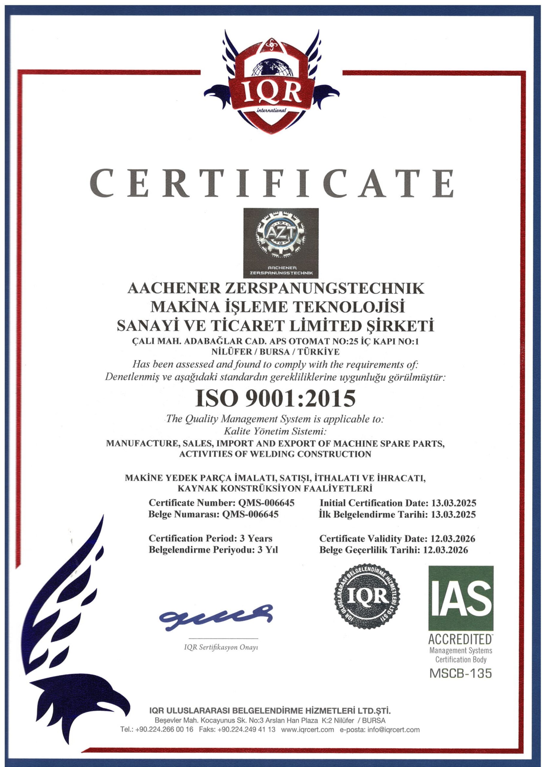 ISO 9001 Sertifikası
